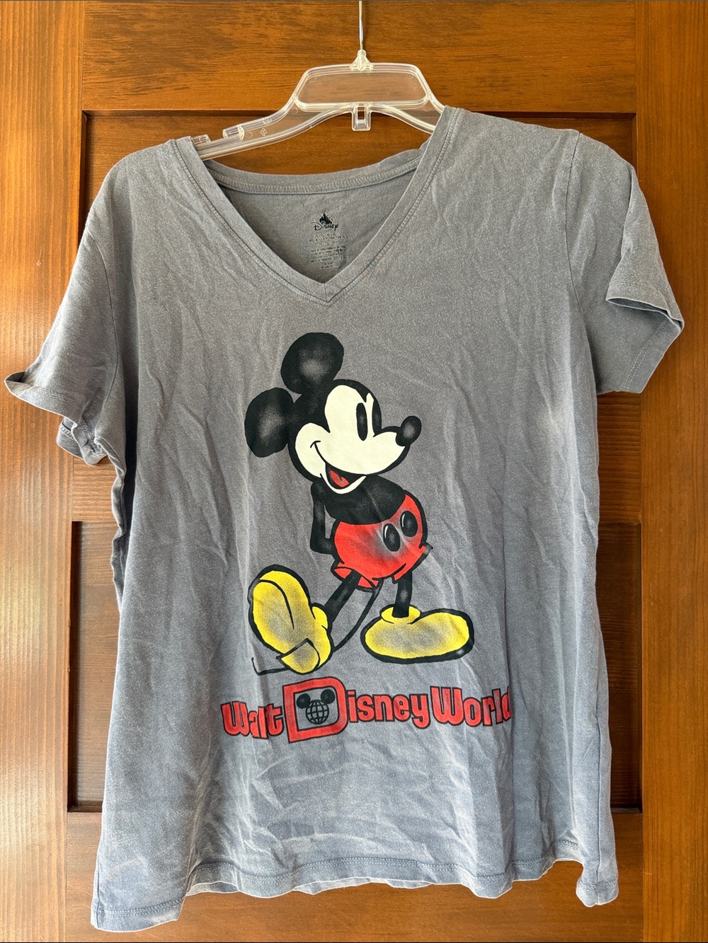 Disney Gray V-Neck Tee with Classic Mickey Graphic